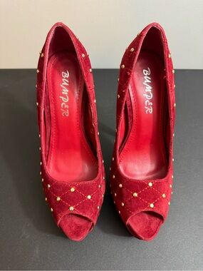 Bumper Red Quilted Peep-Toe Pumps with Gold Studs